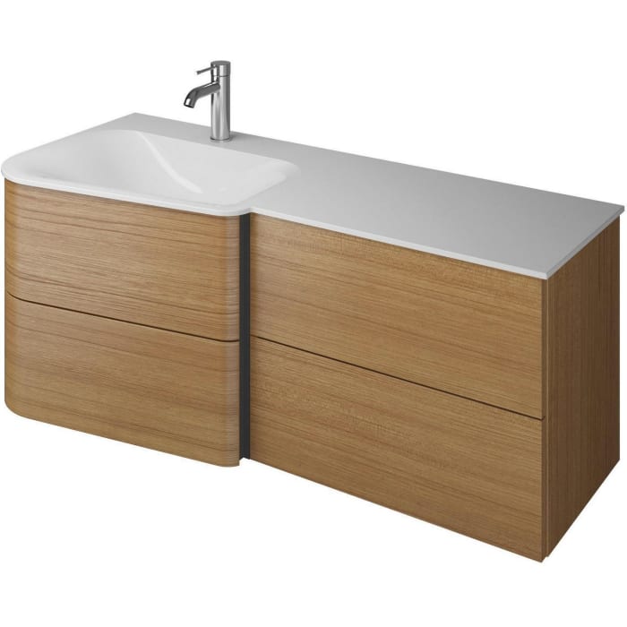 burgbad Badu Mineralguss-Waschtisch inkl. Waschtischunterschrank 122 cm, 2 Schubladen seitlich, Becken links