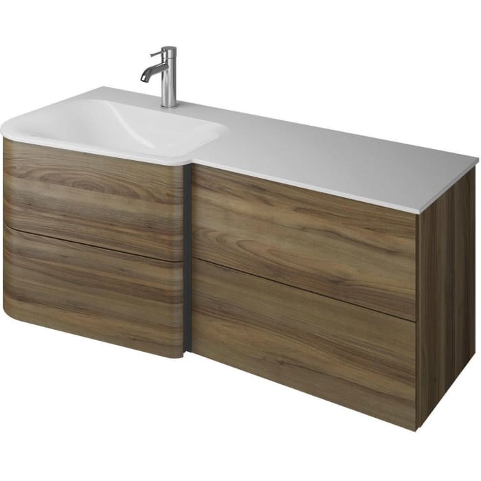 burgbad Badu Mineralguss-Waschtisch inkl. Waschtischunterschrank 122 cm, 2 Schubladen seitlich, Becken links