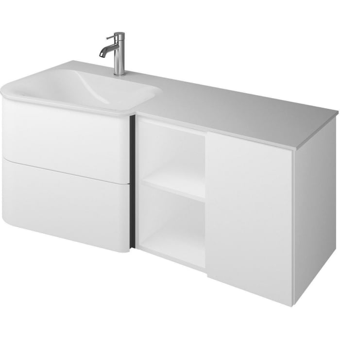 burgbad Badu Mineralguss-Waschtisch inkl. Waschtischunterschrank 122 cm, 1 Regal, Becken links