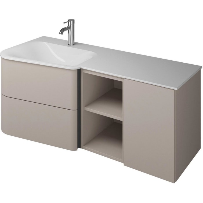 burgbad Badu Mineralguss-Waschtisch inkl. Waschtischunterschrank 122 cm, 1 Regal, Becken links