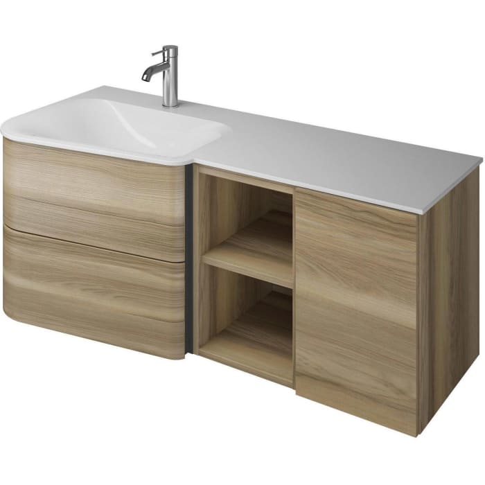 burgbad Badu Mineralguss-Waschtisch inkl. Waschtischunterschrank 122 cm, 1 Regal, Becken links