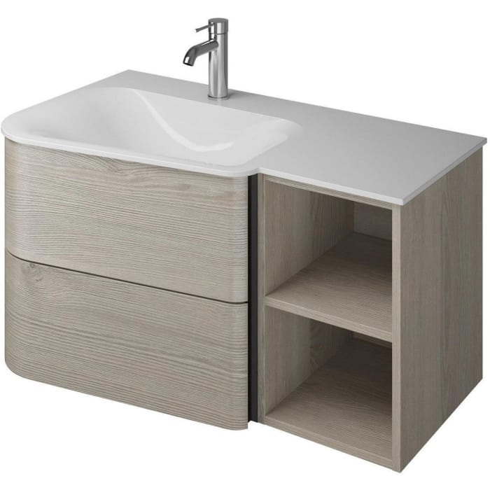 burgbad Badu Mineralguss-Waschtisch inkl. Waschtischunterschrank 92 cm, 1 Regal rechts, Becken links