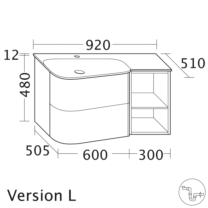 burgbad Badu Mineralguss-Waschtisch inkl. Waschtischunterschrank 92 cm, 1 Regal rechts, Becken links