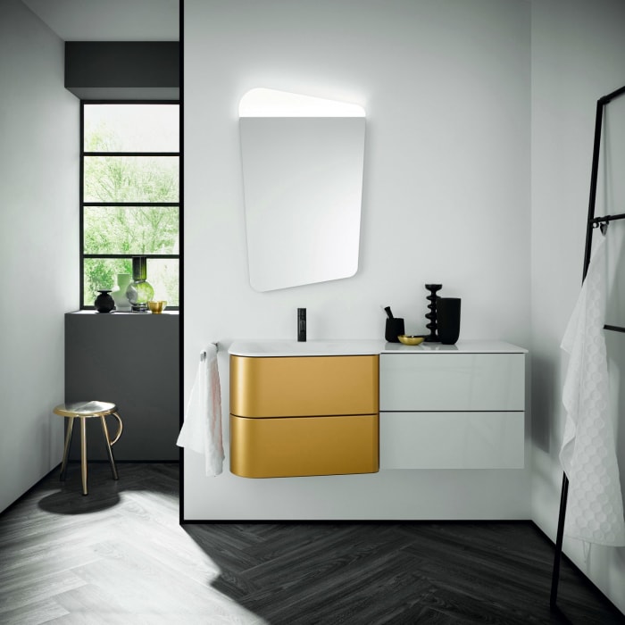 burgbad Badu Mineralguss-Waschtisch inkl. Waschtischunterschrank 122 cm, 2 Schubladen seitlich, Becken links