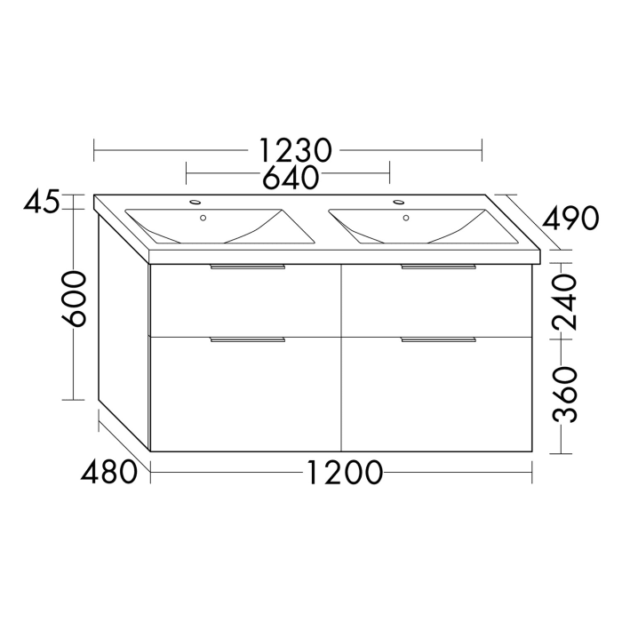 burgbad Eqio Waschtischkombination mit Keramik-Doppelwaschtisch, 123 cm, mit Griff G0146