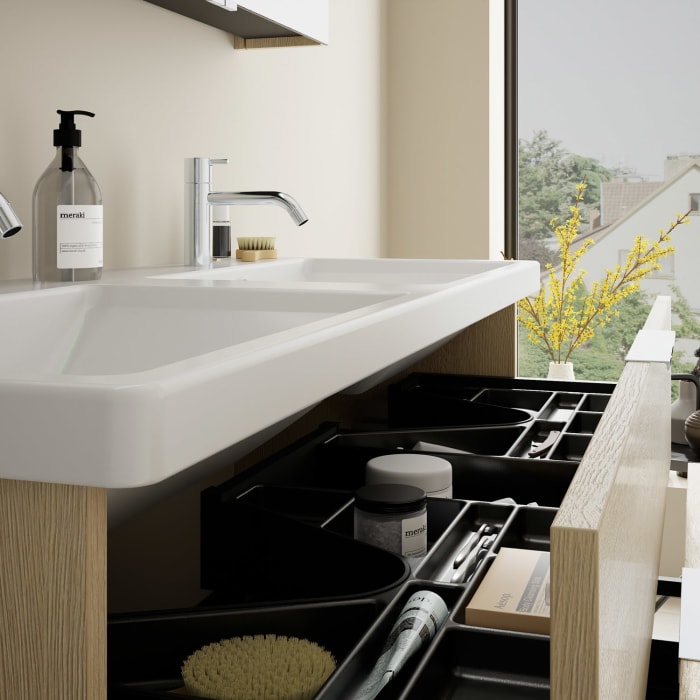 burgbad Eqio Waschtischkombination mit Keramik-Doppelwaschtisch, 123 cm, mit Griff G0146