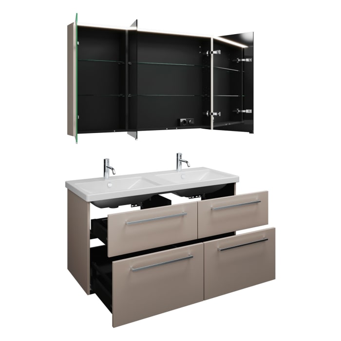 burgbad Eqio Möbelkombination inkl. Keramik-Doppelwaschtisch, Doppeltür Spiegelschrank 123 cm rechts, mit Stangengriff P95