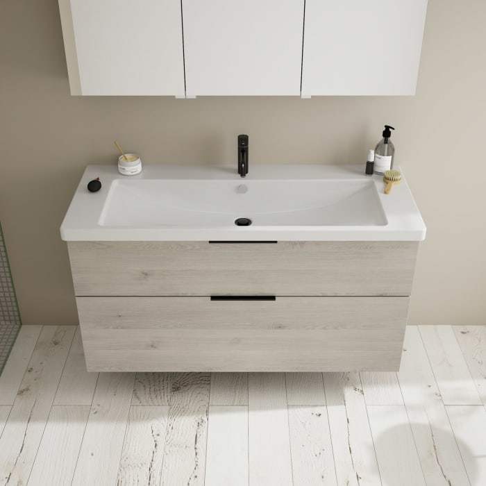 burgbad Eqio Möbelkombination inkl. Keramik-Waschtisch 123 cm, Doppeltür Spiegelschrank links, mit Griff G0200