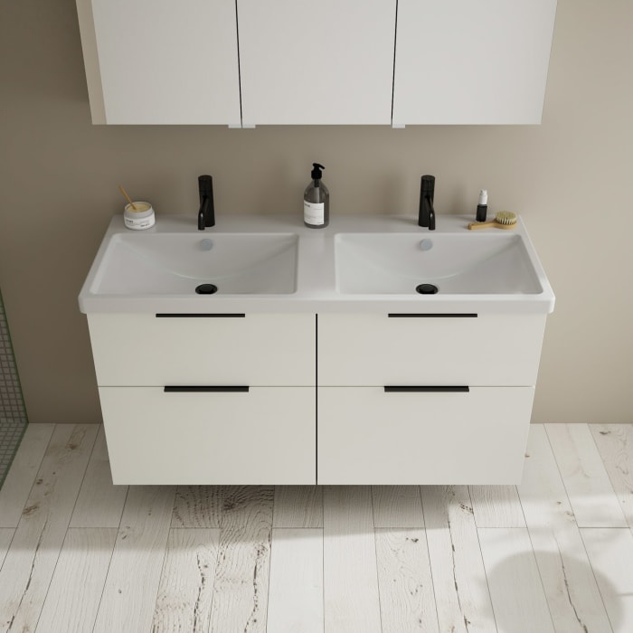 burgbad Eqio Möbelkombination inkl. Keramik-Doppelwaschtisch 123 cm, Doppeltür Spiegelschrank links, mit Griff G0200