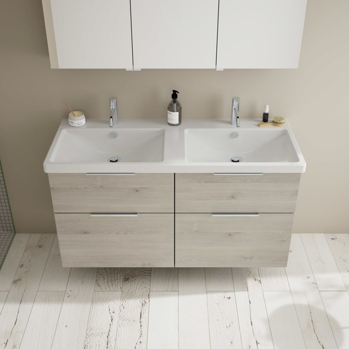 burgbad Eqio Möbelkombination inkl. Keramik-Doppelwaschtisch 123 cm, Doppeltür Spiegelschrank links, mit Griff G0146