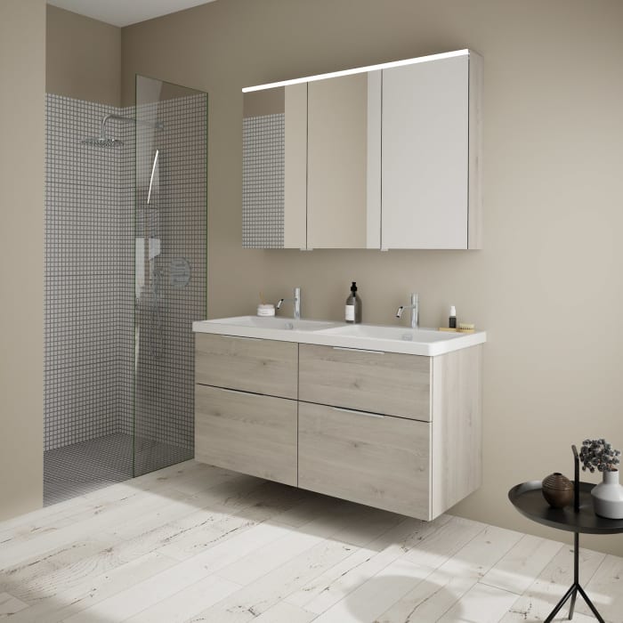 burgbad Eqio Möbelkombination inkl. Keramik-Doppelwaschtisch 123 cm, Doppeltür Spiegelschrank links, mit Griff G0146