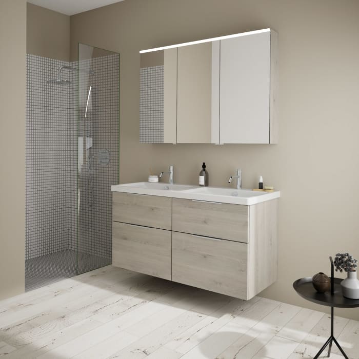burgbad Eqio Möbelkombination inkl. Keramik-Doppelwaschtisch 123 cm, Doppeltür Spiegelschrank rechts, mit Griff G0146