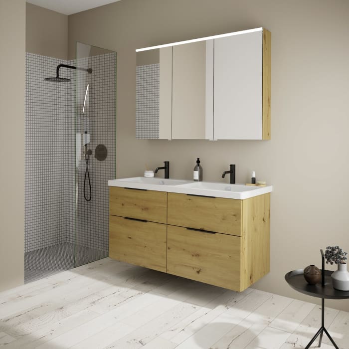 burgbad Eqio Möbelkombination inkl. Keramik-Doppelwaschtisch 123 cm, Doppeltür Spiegelschrank rechts, mit Griff G0200