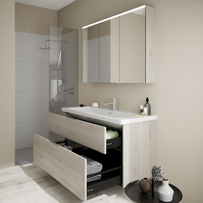 burgbad Eqio Möbelkombination inkl. Keramik-Waschtisch 123 cm, Doppeltür Spiegelschrank rechts, mit Griff G0146