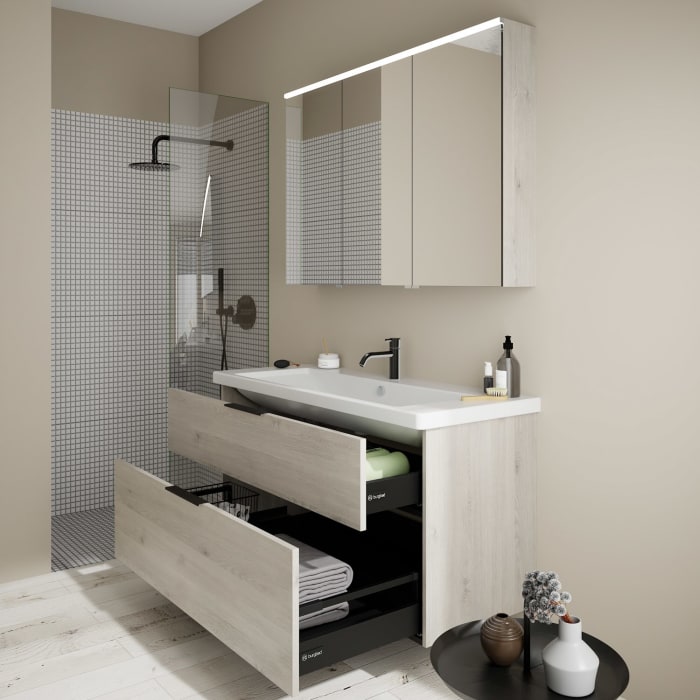 burgbad Eqio Möbelkombination inkl. Keramik-Waschtisch 123 cm, Doppeltür Spiegelschrank rechts, mit Griff G0200 schwarz matt