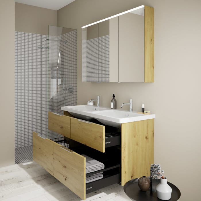 burgbad Eqio Möbelkombination inkl. Keramik-Doppelwaschtisch 123 cm, Doppeltür Spiegelschrank links, mit Griff G0146