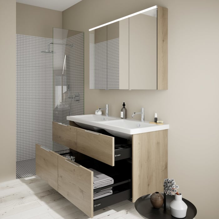burgbad Eqio Möbelkombination inkl. Keramik-Doppelwaschtisch 123 cm, Doppeltür Spiegelschrank links, mit Griff G0146