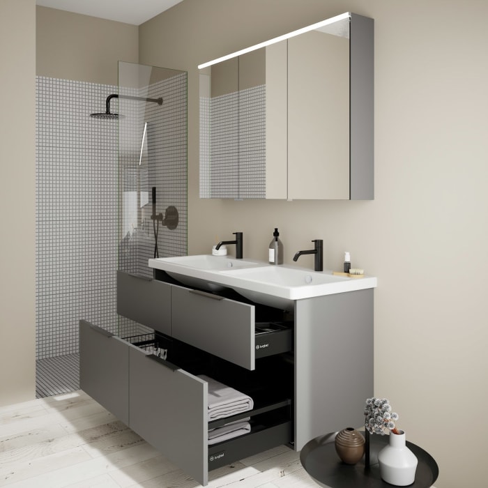 burgbad Eqio Möbelkombination inkl. Keramik-Doppelwaschtisch 123 cm, Doppeltür Spiegelschrank links, mit Griff G0200