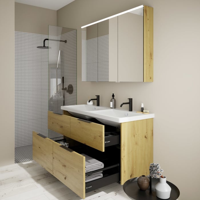 burgbad Eqio Möbelkombination inkl. Keramik-Doppelwaschtisch 123 cm, Doppeltür Spiegelschrank rechts, mit Griff G0200