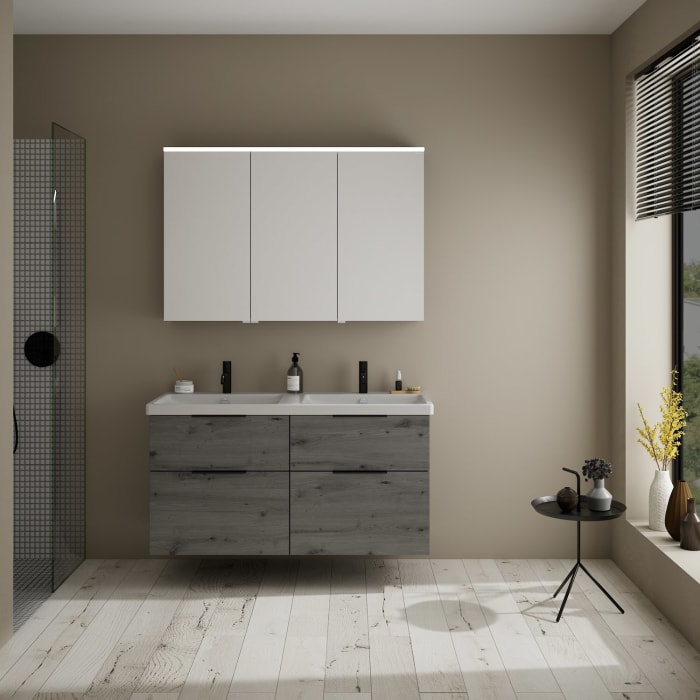 burgbad Eqio Möbelkombination inkl. Keramik-Doppelwaschtisch 123 cm, Doppeltür Spiegelschrank links, mit Griff G0200