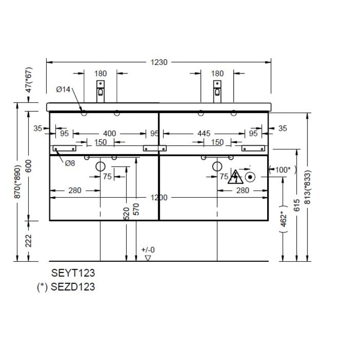 burgbad Eqio Möbelkombination inkl. Keramik-Doppelwaschtisch, Doppeltür Spiegelschrank 123 cm rechts, mit Stangengriff P95