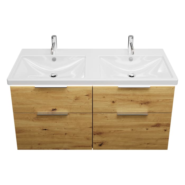 burgbad Eqio Waschtischkombination mit Keramik-Doppelwaschtisch mit LED-Beleuchtung, 123 cm, mit Griff G0146