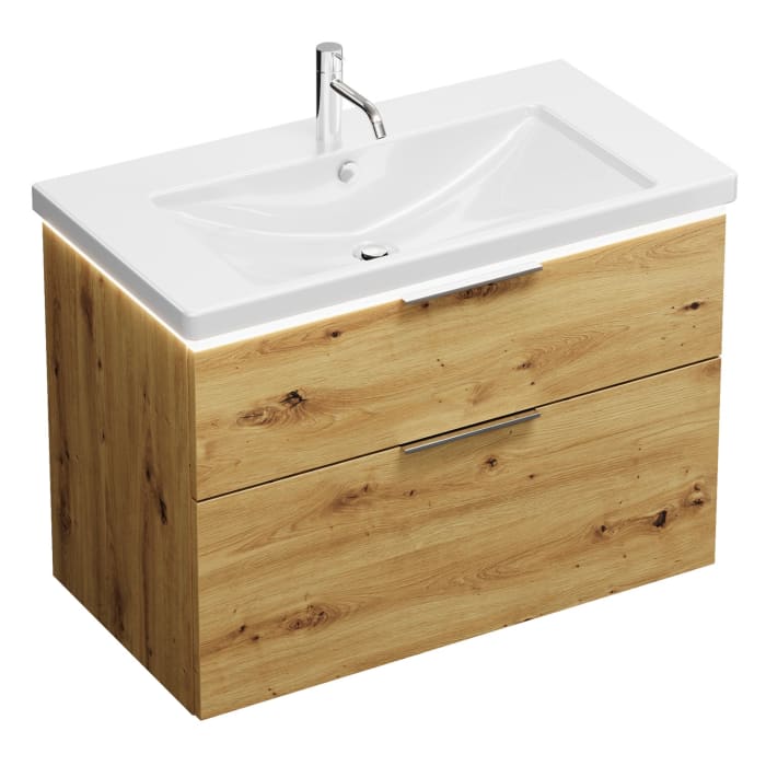 burgbad Eqio Waschtischkombination mit Keramik-Waschtisch mit LED-Beleuchtung, 93 cm, mit Griff G0146