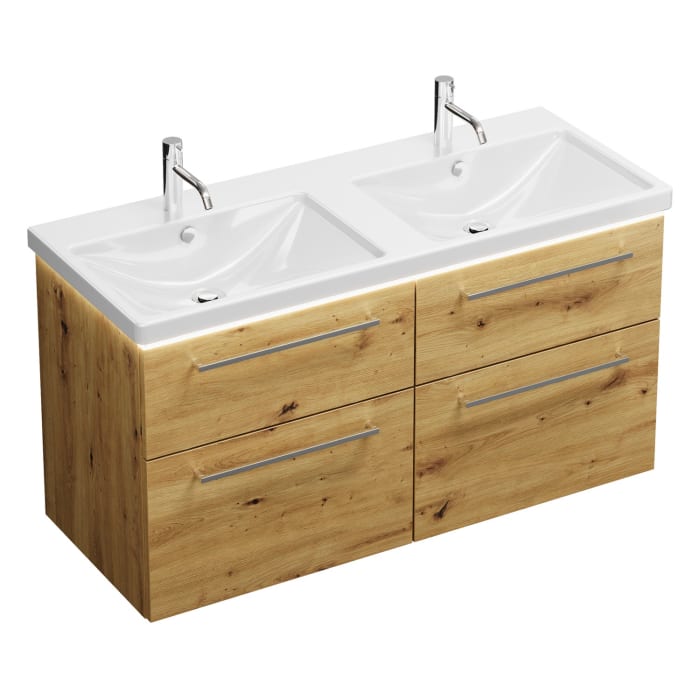 burgbad Eqio Waschtischkombination mit Keramik-Doppelwaschtisch mit LED-Beleuchtung, 123 cm, mit Stangengriff P95