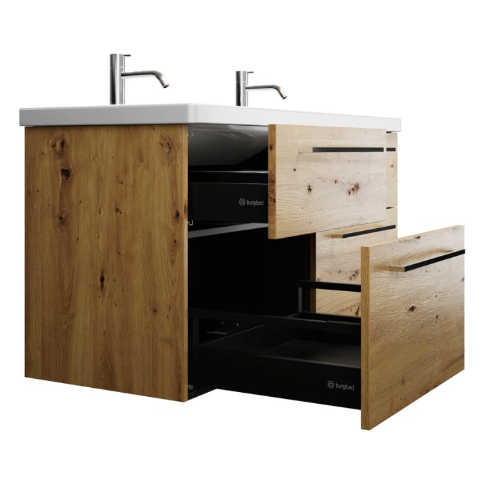 burgbad Eqio Waschtischkombination mit Keramik-Doppelwaschtisch, 123 cm, mit Stangengriff P95