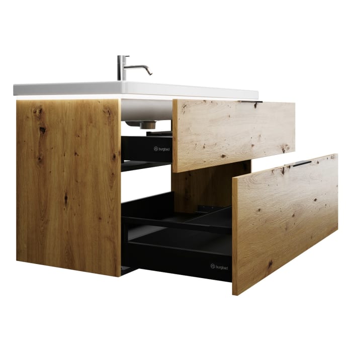 burgbad Eqio Waschtischkombination mit Keramik-Doppelwaschtisch mit LED-Beleuchtung, 123 cm, mit Griff G0146