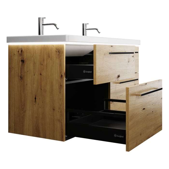 burgbad Eqio Waschtischkombination mit Keramik-Doppelwaschtisch mit LED-Beleuchtung, 123 cm, mit Stangengriff P95