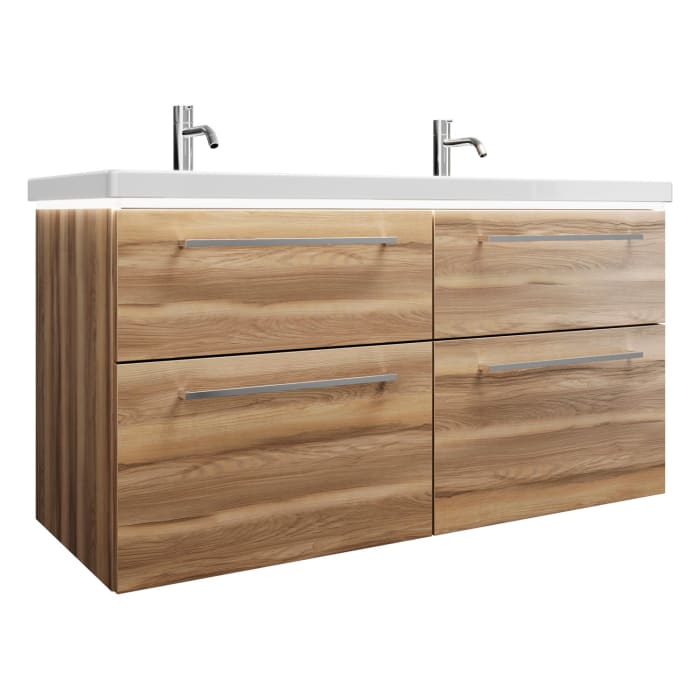 burgbad Eqio Waschtischkombination mit Keramik-Doppelwaschtisch mit LED-Beleuchtung, 123 cm, mit Stangengriff P95