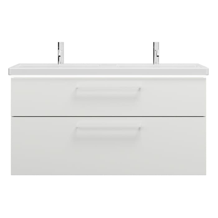 burgbad Eqio Waschtischkombination mit Keramik-Doppelwaschtisch mit LED-Beleuchtung, 123 cm, mit Stangengriff P95