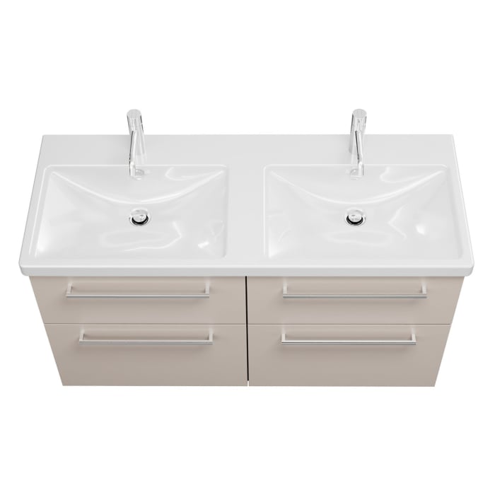 burgbad Eqio Waschtischkombination mit Keramik-Doppelwaschtisch mit LED-Beleuchtung, 123 cm, mit Stangengriff P95