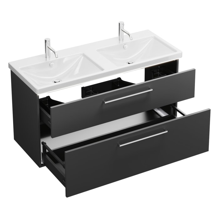 burgbad Eqio Waschtischkombination mit Keramik-Doppelwaschtisch mit LED-Beleuchtung, 123 cm, mit Stangengriff P95