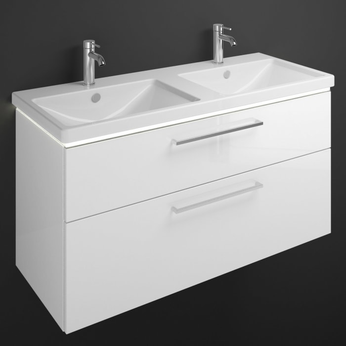 burgbad Eqio Waschtischkombination mit Keramik-Doppelwaschtisch mit LED-Beleuchtung, 123 cm, mit Stangengriff P95