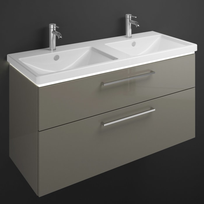 burgbad Eqio Waschtischkombination mit Keramik-Doppelwaschtisch mit LED-Beleuchtung, 123 cm, mit Stangengriff P95