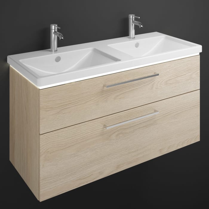 burgbad Eqio Waschtischkombination mit Keramik-Doppelwaschtisch mit LED-Beleuchtung, 123 cm, mit Stangengriff P95