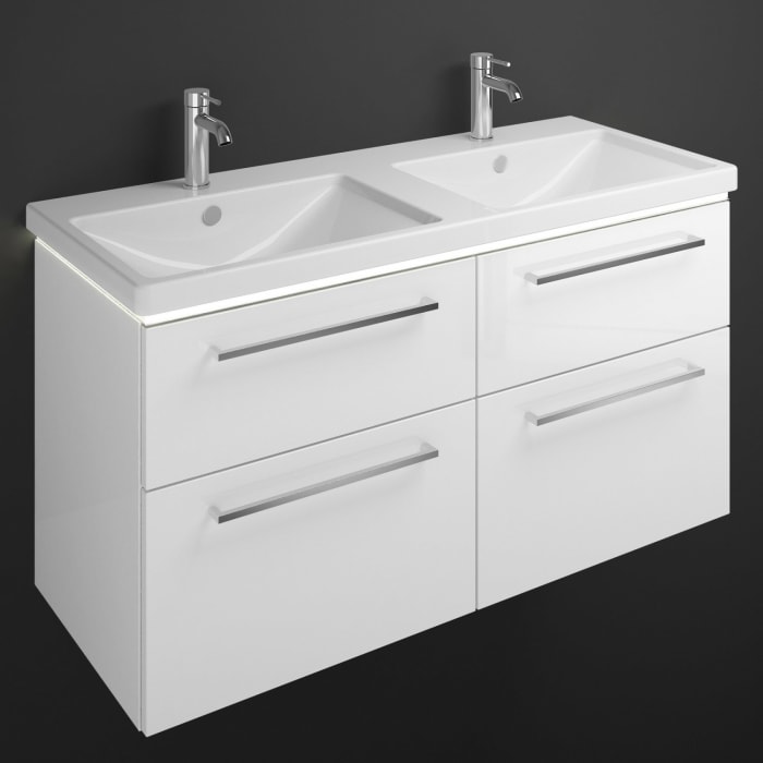 burgbad Eqio Waschtischkombination mit Keramik-Doppelwaschtisch mit LED-Beleuchtung, 123 cm, mit Stangengriff P95