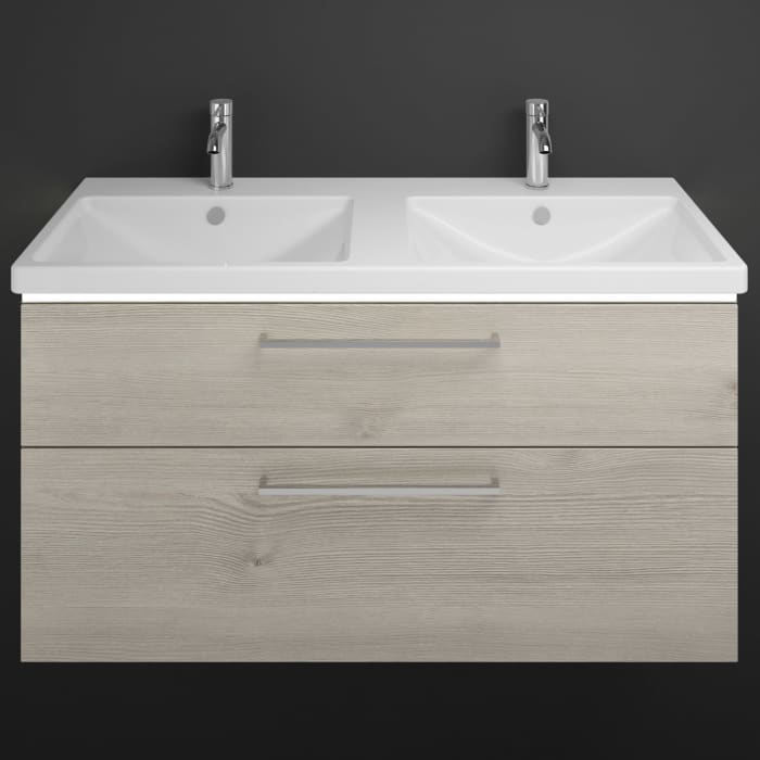 burgbad Eqio Waschtischkombination mit Keramik-Doppelwaschtisch mit LED-Beleuchtung, 123 cm, mit Stangengriff P95