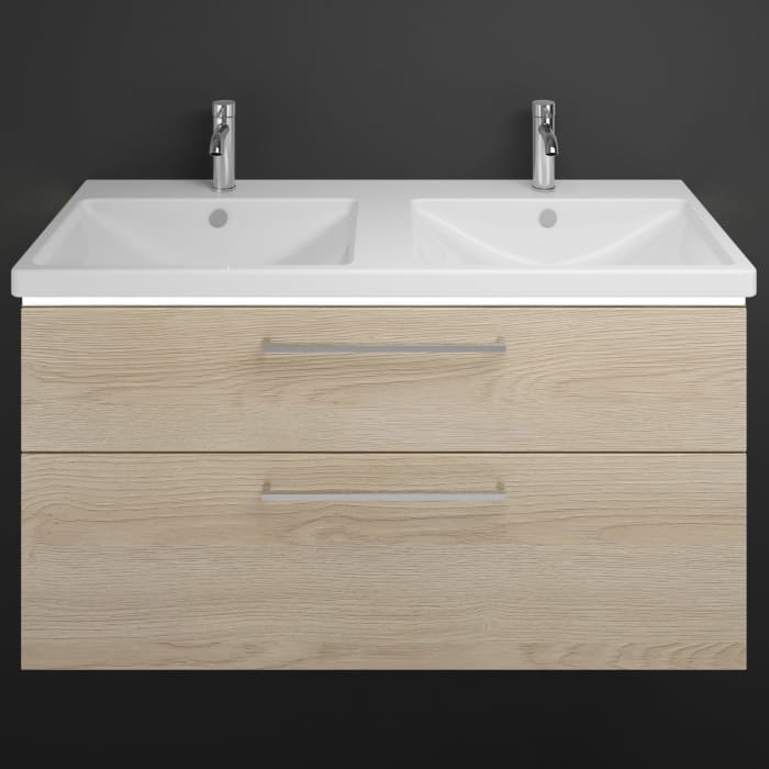 burgbad Eqio Waschtischkombination mit Keramik-Doppelwaschtisch mit LED-Beleuchtung, 123 cm, mit Stangengriff P95