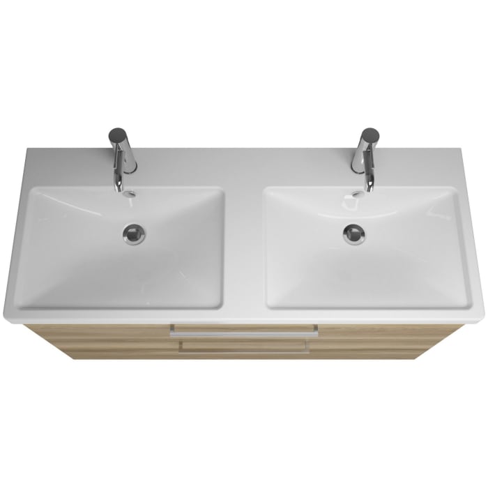 burgbad Eqio Waschtischkombination mit Keramik-Doppelwaschtisch mit LED-Beleuchtung, 123 cm, mit Stangengriff P95