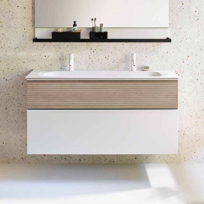 burgbad Fiumo Mineralguss-Waschtisch mit Unterschrank 122 cm, mit 2 Hahnlöcher, mit Griff G0223, oben mit Plissée-Struktur