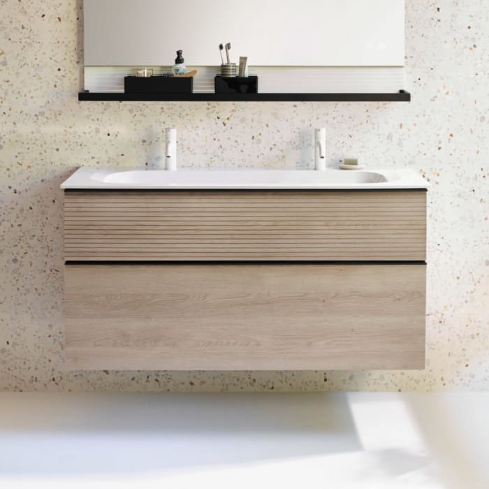 burgbad Fiumo Mineralguss-Waschtisch mit Unterschrank 122 cm, mit 2 Hahnlöcher, mit Griff G0200, oben mit Plissée-Struktur