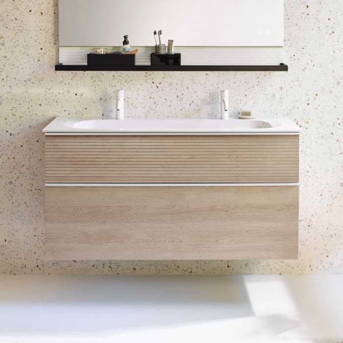 burgbad Fiumo Mineralguss-Waschtisch mit Unterschrank 122 cm, mit 2 Hahnlöcher, mit Griff G0223, oben mit Plissée-Struktur