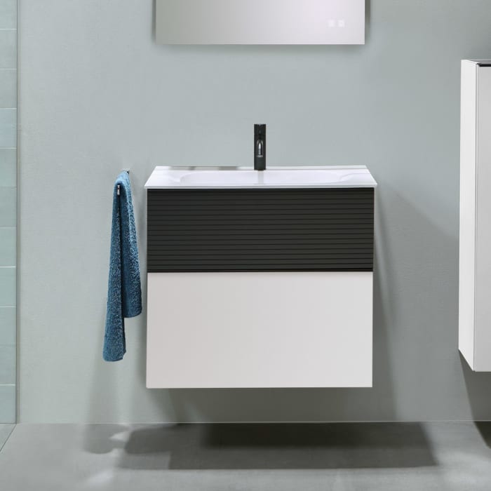 burgbad Fiumo Mineralguss-Waschtisch mit Unterschrank 62 cm, mit Griff G0200, oben mit Plissée-Struktur