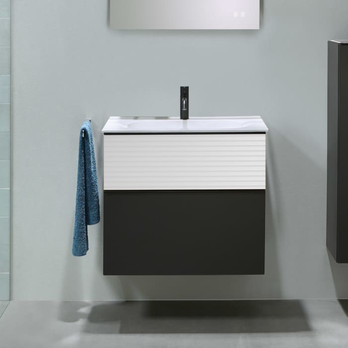 burgbad Fiumo Mineralguss-Waschtisch mit Unterschrank 62 cm, mit Griff G0200, oben mit Plissée-Struktur