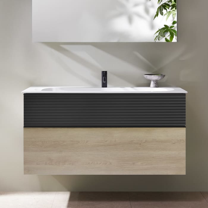 burgbad Fiumo Mineralguss-Waschtisch mit Unterschrank 122 cm, mit 1 Hahnloch, mit Griff G0200, oben mit Plissée-Struktur