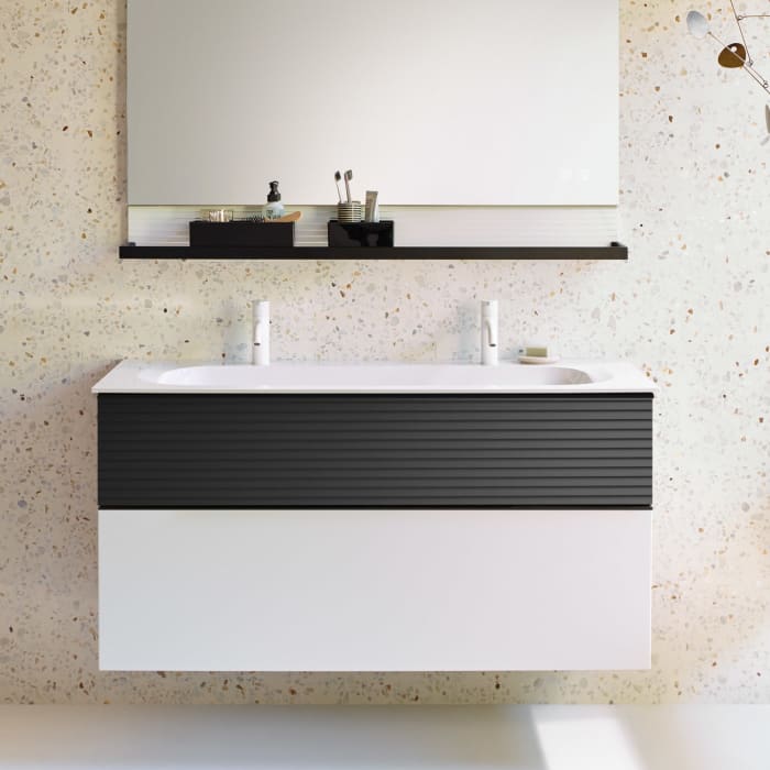 burgbad Fiumo Mineralguss-Waschtisch mit Unterschrank 122 cm, mit 2 Hahnlöcher, mit Griff G0200, oben mit Plissée-Struktur