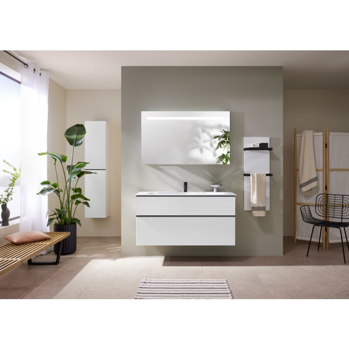 burgbad Fiumo Mineralguss-Waschtisch mit Unterschrank 122 cm, mit 1 Hahnloch, mit Griff G0200, oben mit Plissée-Struktur